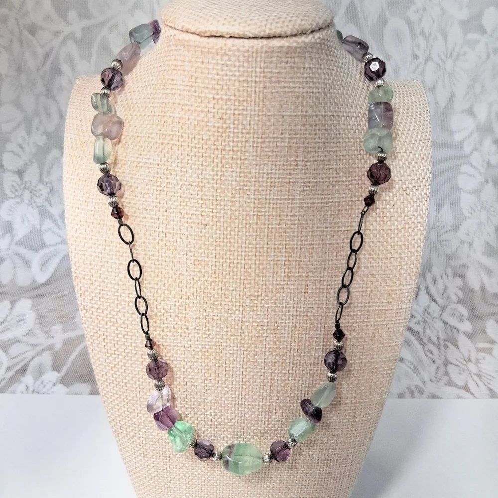 Fluorite Stone Beaded Necklace Purple Green Healing Clarity Balance Crystal